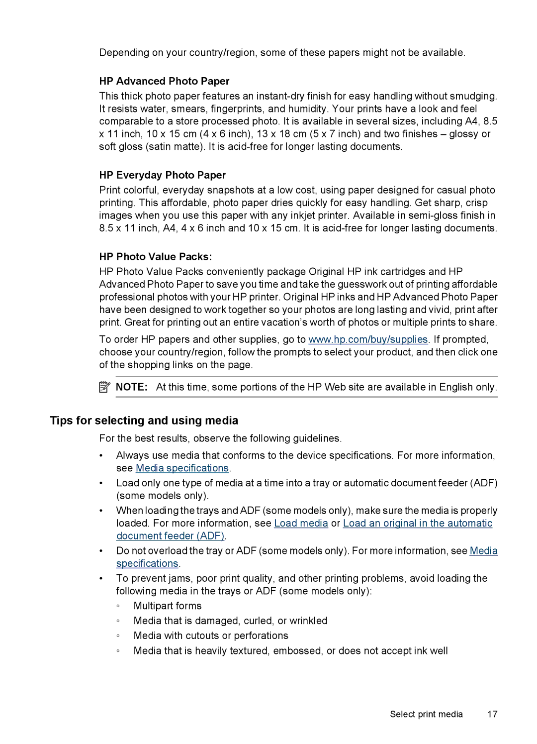 HP 4500 - G510a manual Tips for selecting and using media, HP Advanced Photo Paper, HP Everyday Photo Paper 