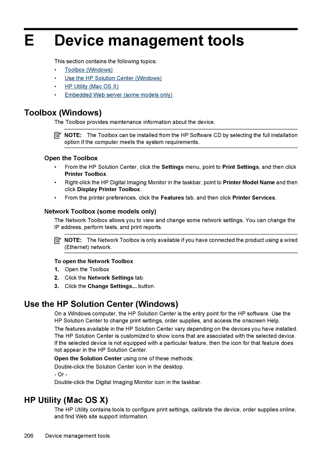 HP 4500 - G510a manual Device management tools, Toolbox Windows, Use the HP Solution Center Windows, HP Utility Mac OS 