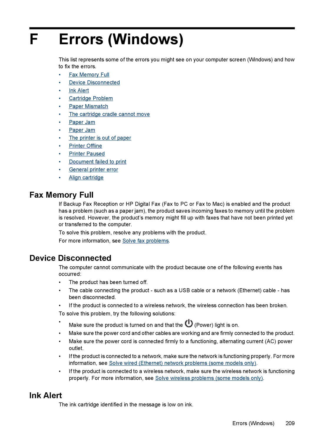 HP 4500 - G510a manual Errors Windows, Fax Memory Full, Device Disconnected, Ink Alert 