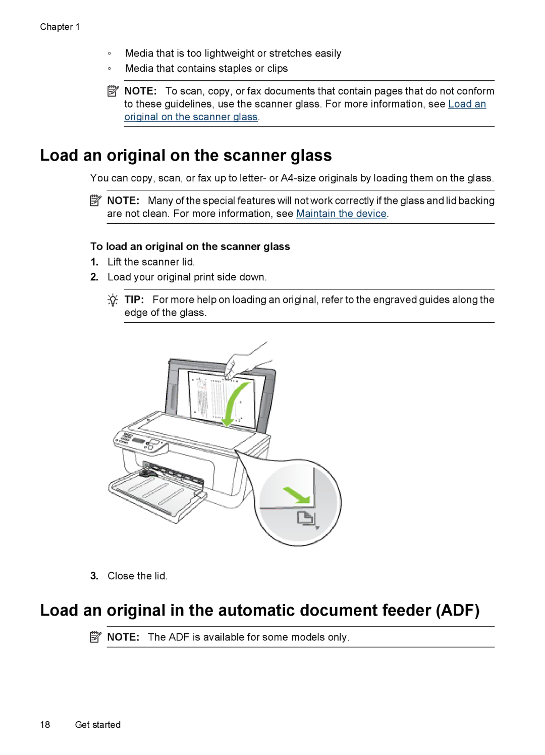 HP 4500 - G510a manual Load an original on the scanner glass, Load an original in the automatic document feeder ADF 