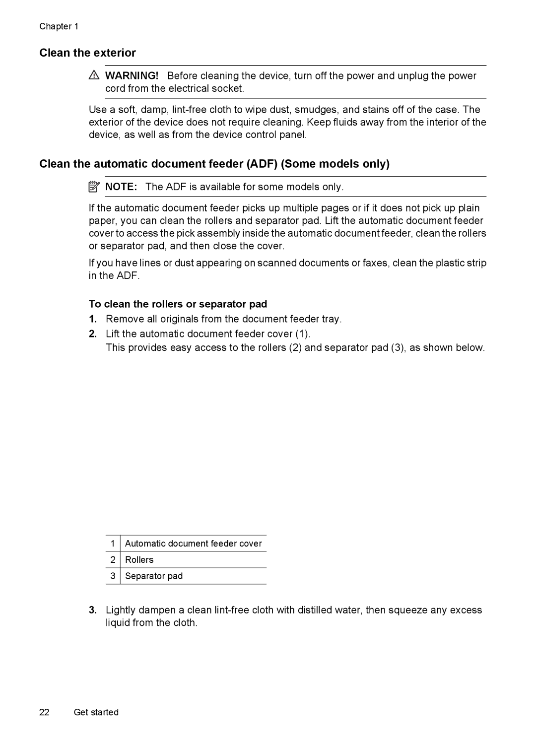 HP 4500 - G510a manual Clean the exterior, Clean the automatic document feeder ADF Some models only 