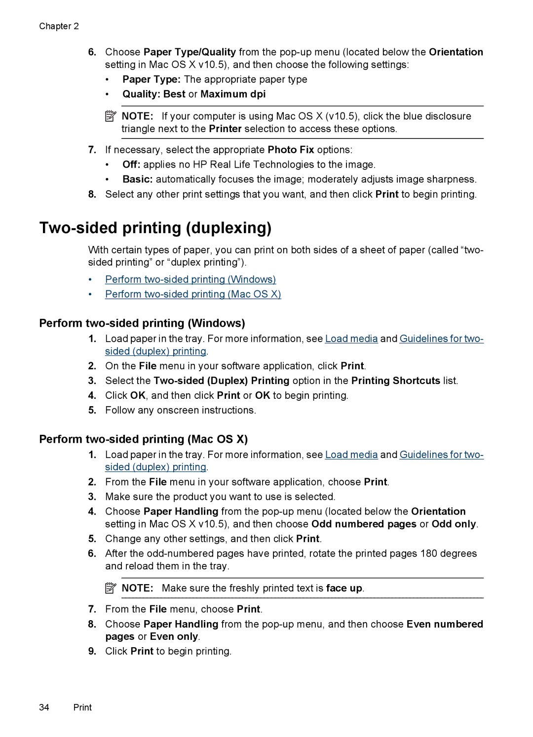 HP 4500 - G510a manual Two-sided printing duplexing, Perform two-sided printing Windows, Perform two-sided printing Mac OS 