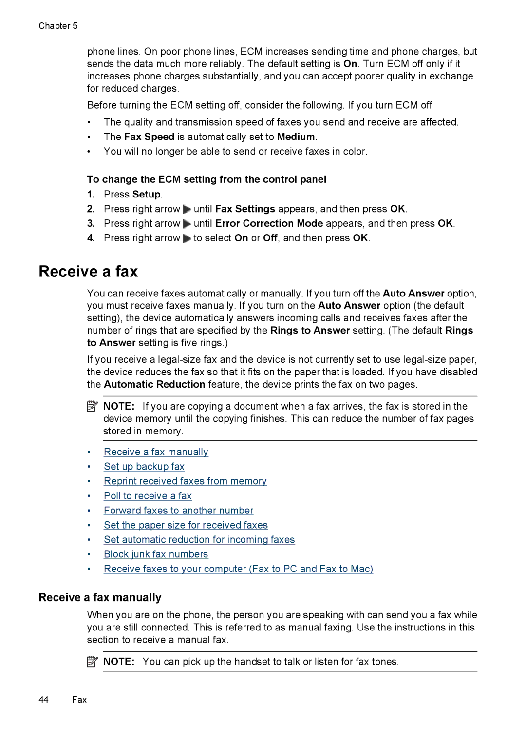 HP 4500 - G510a Receive a fax manually, To change the ECM setting from the control panel 