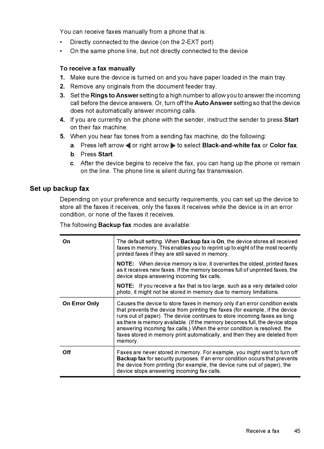 HP 4500 - G510a Set up backup fax, To receive a fax manually, On Error Only Off 