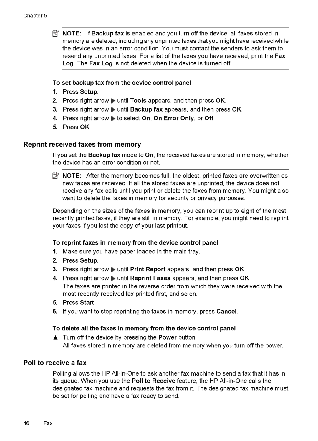 HP 4500 - G510a Reprint received faxes from memory, Poll to receive a fax, To set backup fax from the device control panel 