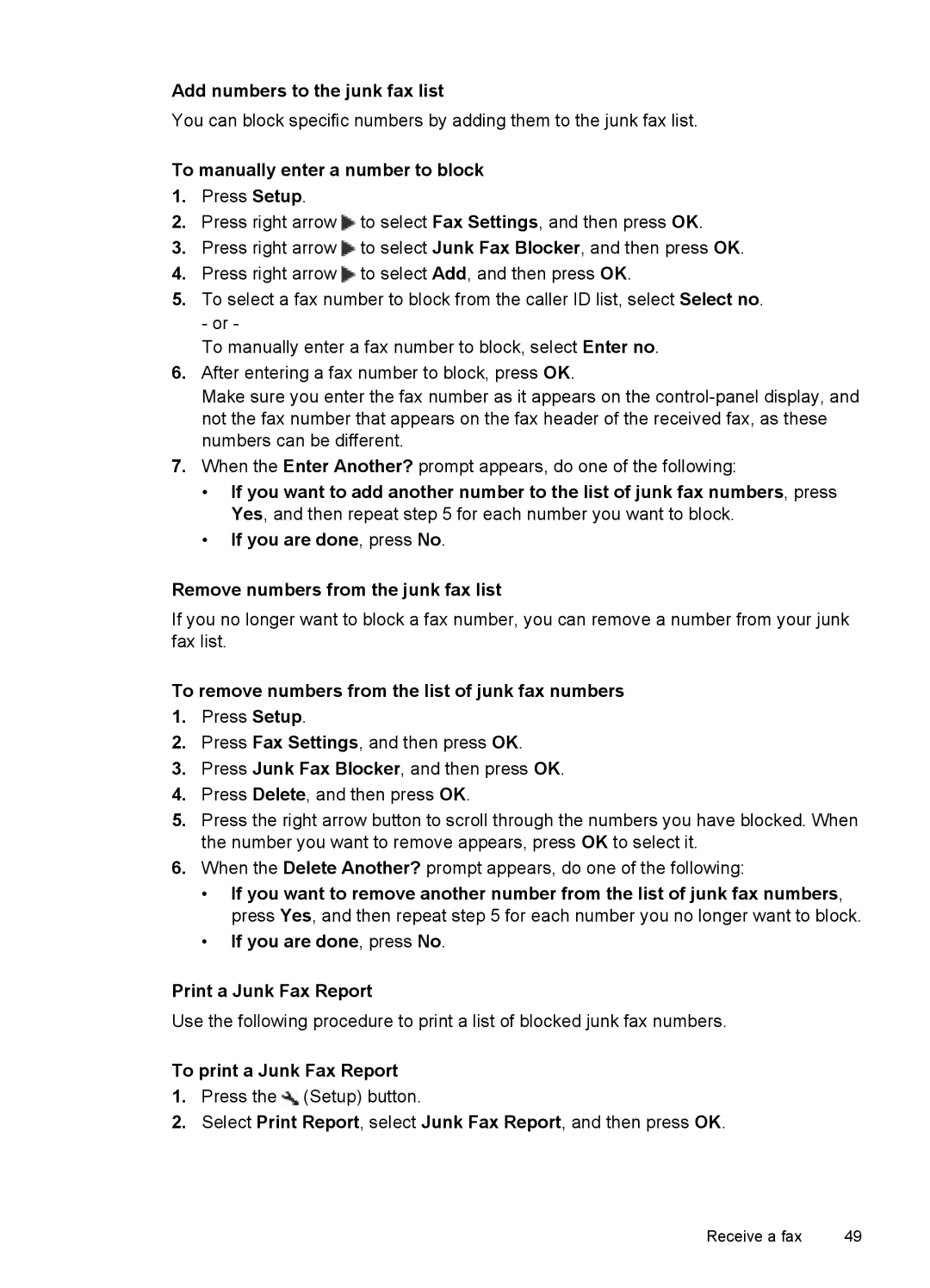 HP 4500 - G510a Add numbers to the junk fax list, To manually enter a number to block, To print a Junk Fax Report 