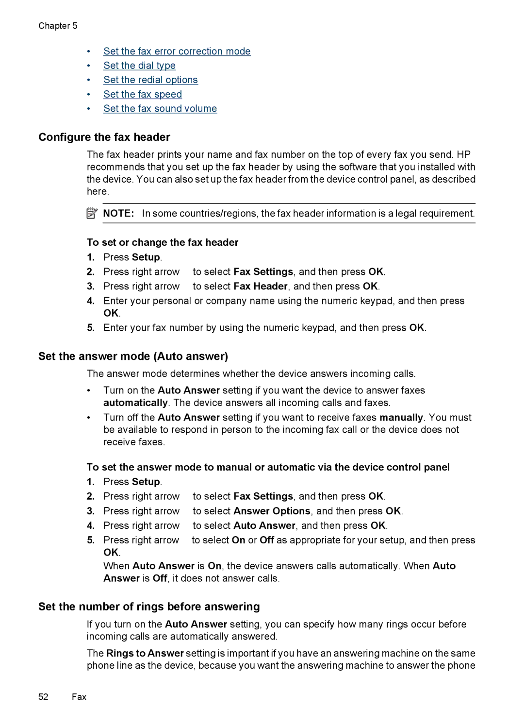 HP 4500 - G510a manual Configure the fax header, Set the answer mode Auto answer, Set the number of rings before answering 