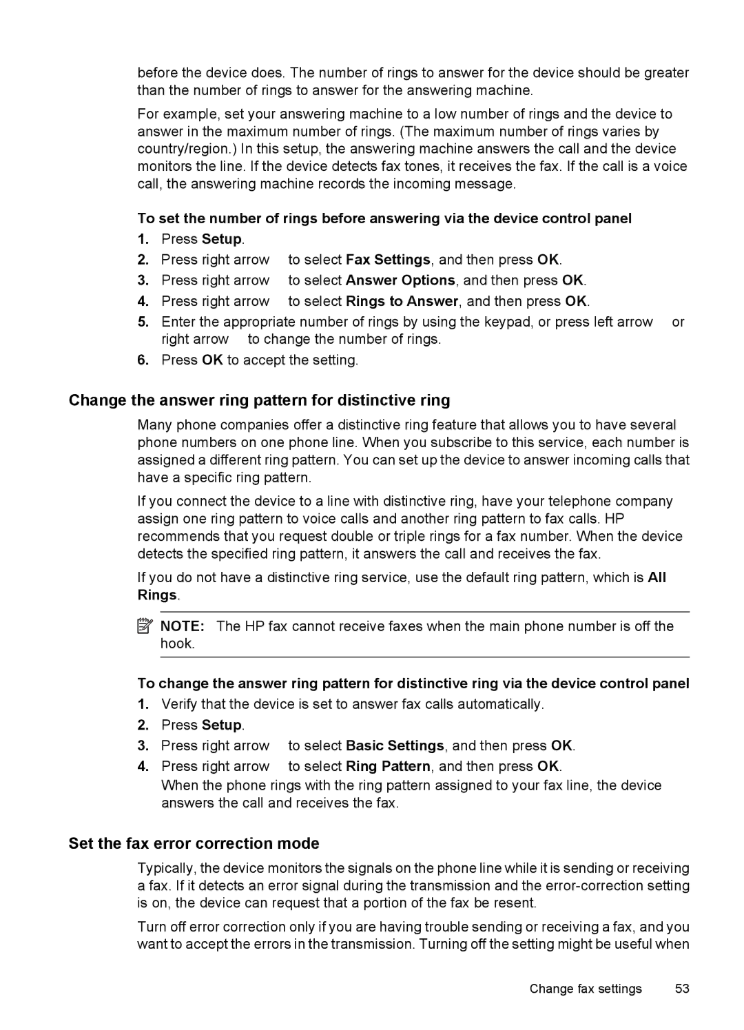 HP 4500 - G510a manual Change the answer ring pattern for distinctive ring, Set the fax error correction mode 