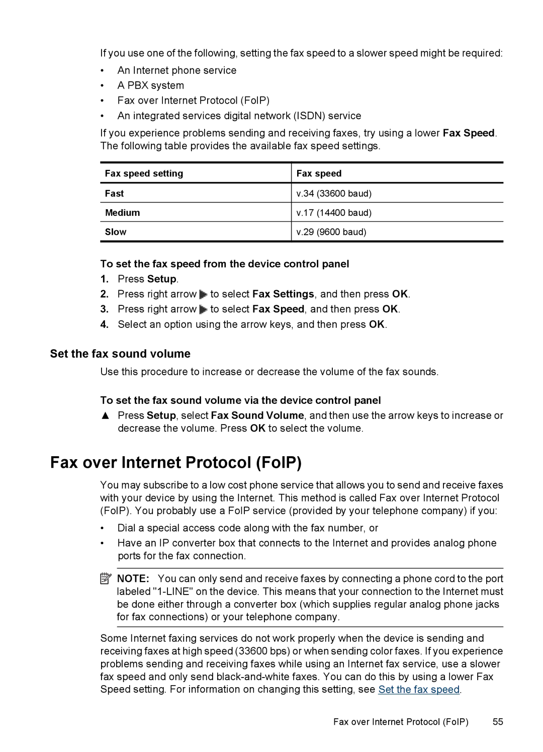 HP 4500 - G510a manual Fax over Internet Protocol FoIP, Set the fax sound volume, Fax speed setting Fast Medium Slow 