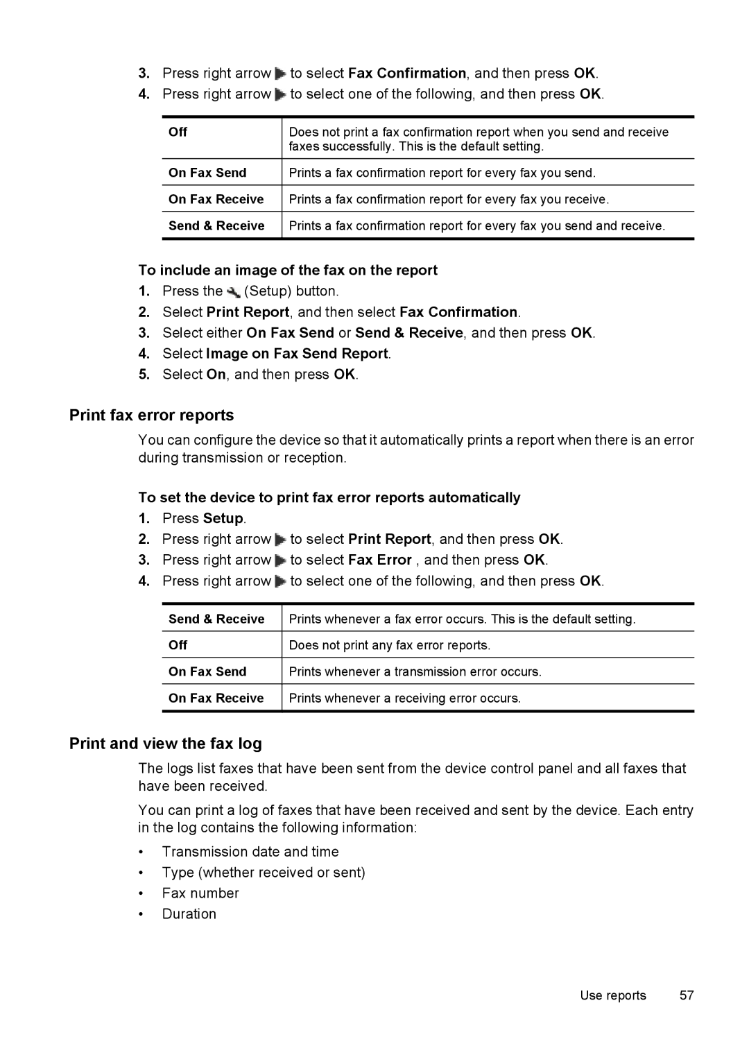 HP 4500 - G510a manual Print fax error reports, Print and view the fax log 