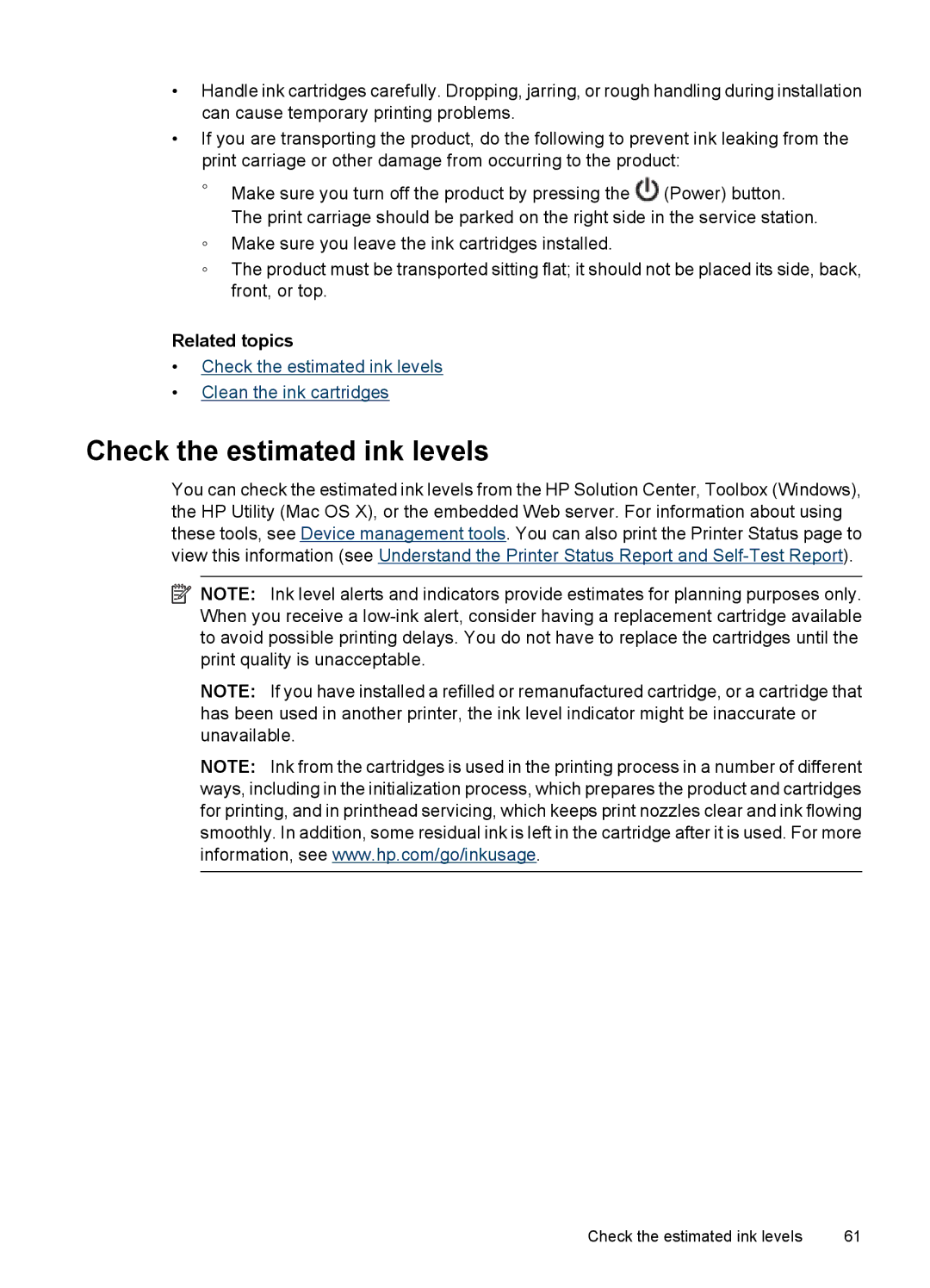 HP 4500 - G510a manual Check the estimated ink levels, Related topics 