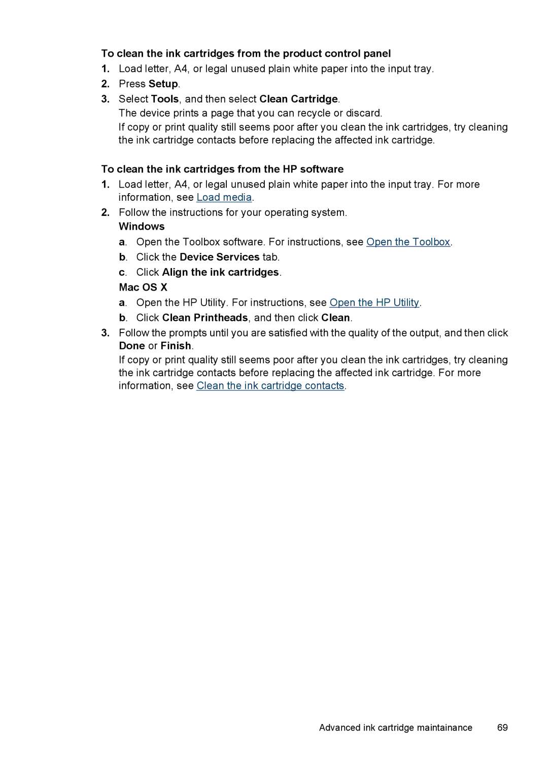 HP 4500 - G510a manual To clean the ink cartridges from the product control panel 