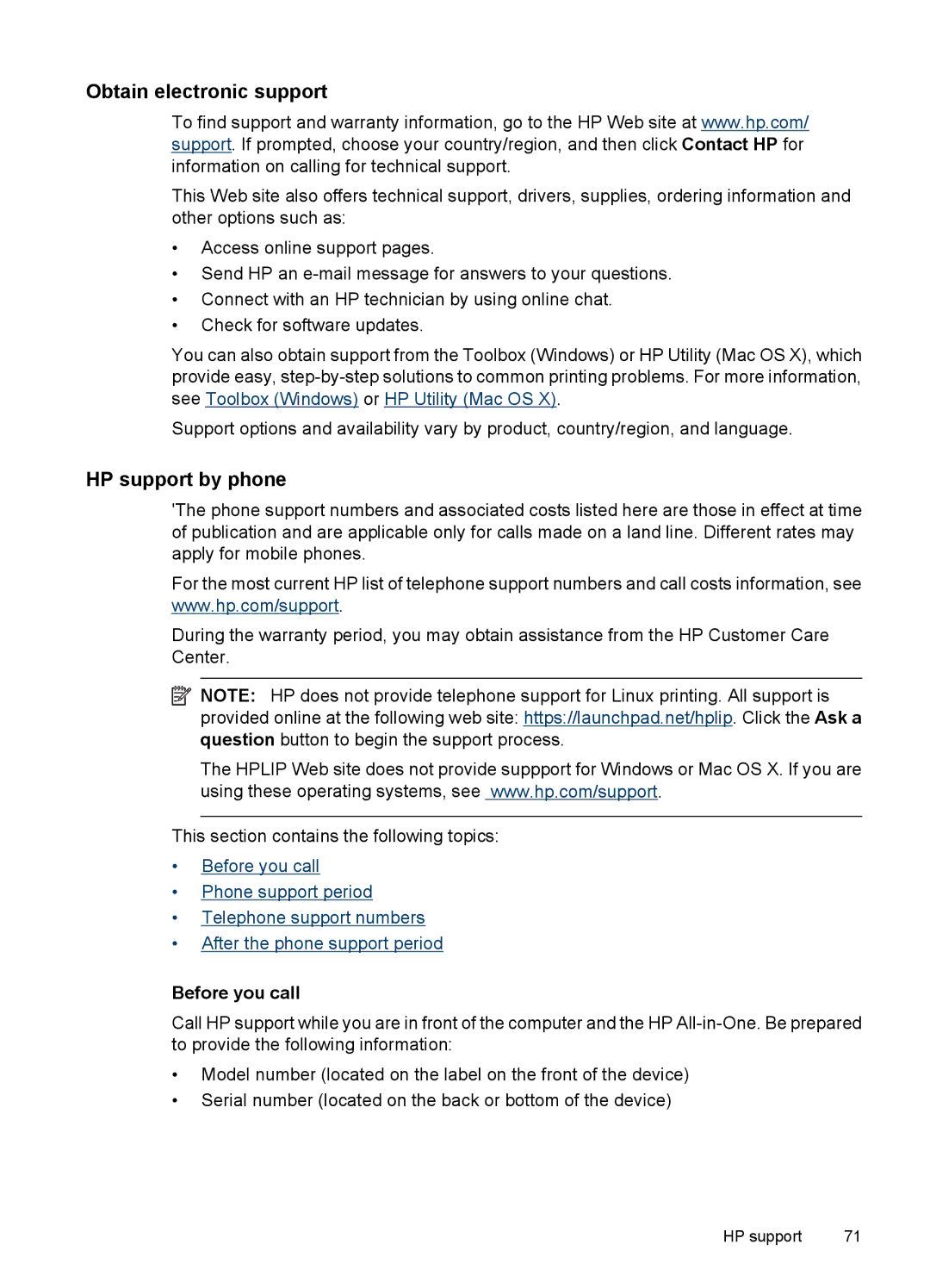 HP 4500 - G510a manual Obtain electronic support, HP support by phone, Before you call 
