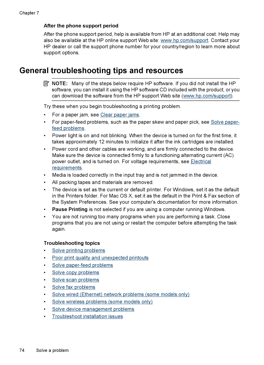 HP 4500 - G510a manual General troubleshooting tips and resources, After the phone support period, Troubleshooting topics 