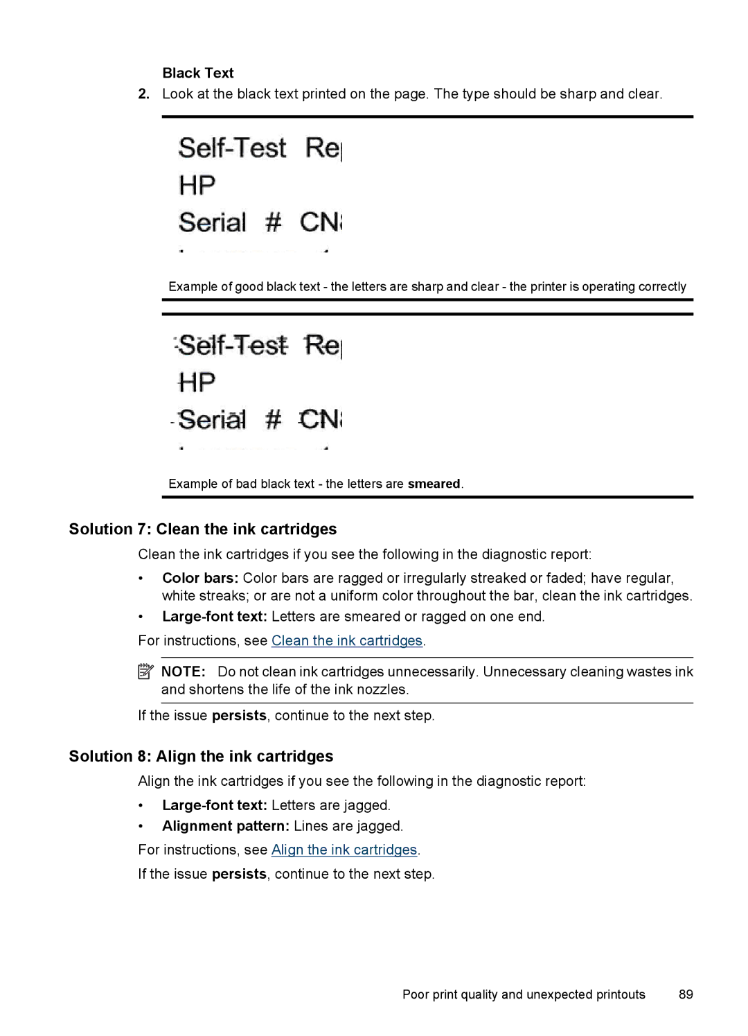 HP 4500 - G510a manual Solution 7 Clean the ink cartridges, Solution 8 Align the ink cartridges, Black Text 