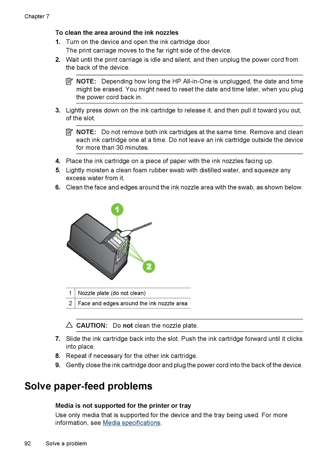 HP 4500 - G510a manual Solve paper-feed problems, To clean the area around the ink nozzles 