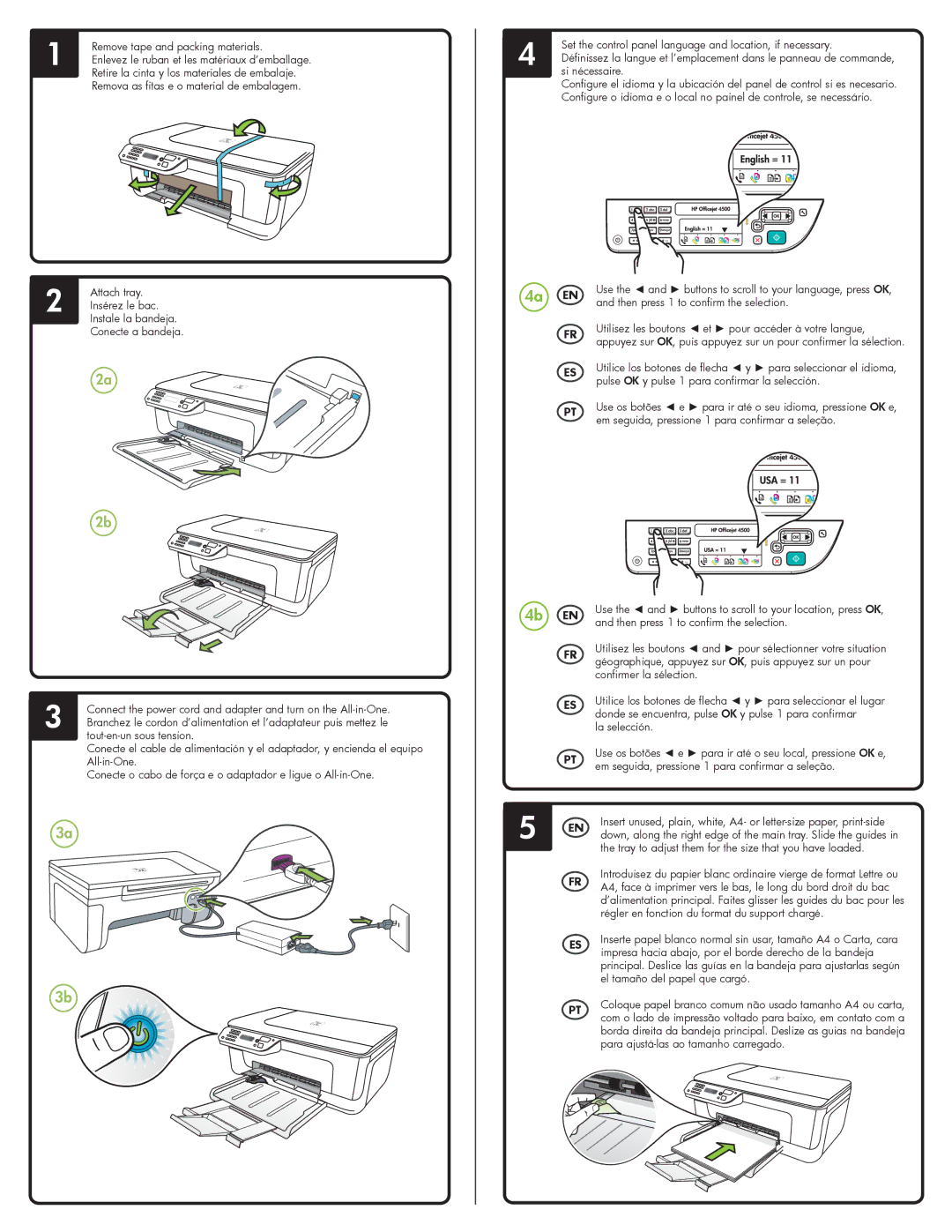 HP 4500 - G510a manual Remove tape and packing materials, Retire la cinta y los materiales de embalaje, Conecte a bandeja 