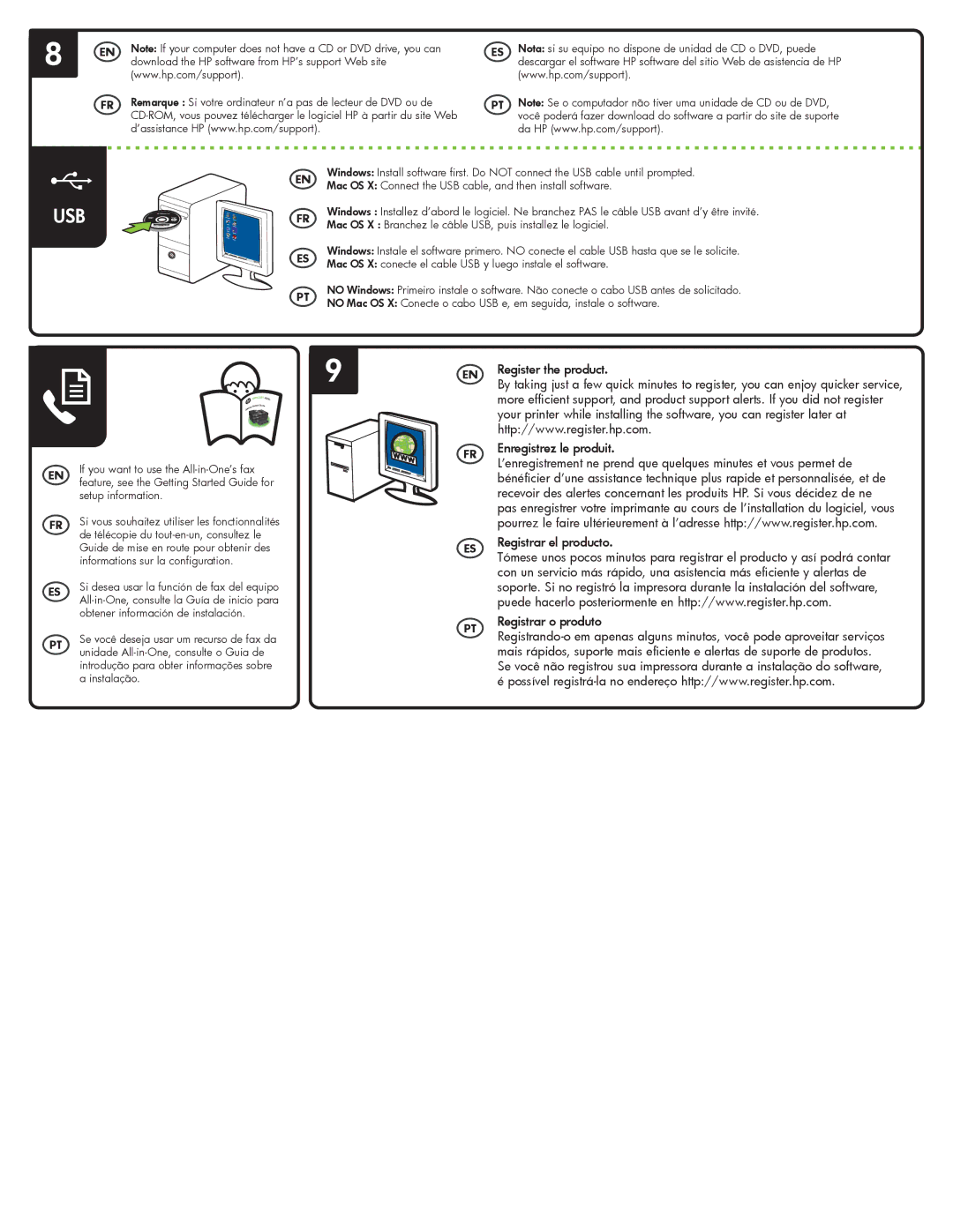 HP 4500 - G510a manual Usb, Nota si su equipo no dispone de unidad de CD o DVD, puede 