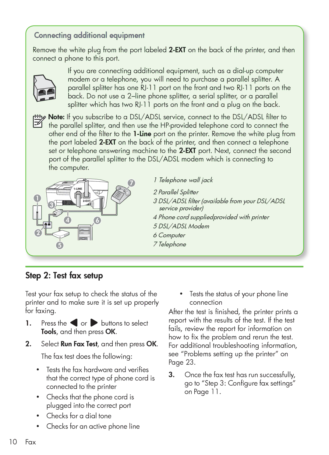 HP 4500 - G510a manual Test fax setup, Connecting additional equipment 