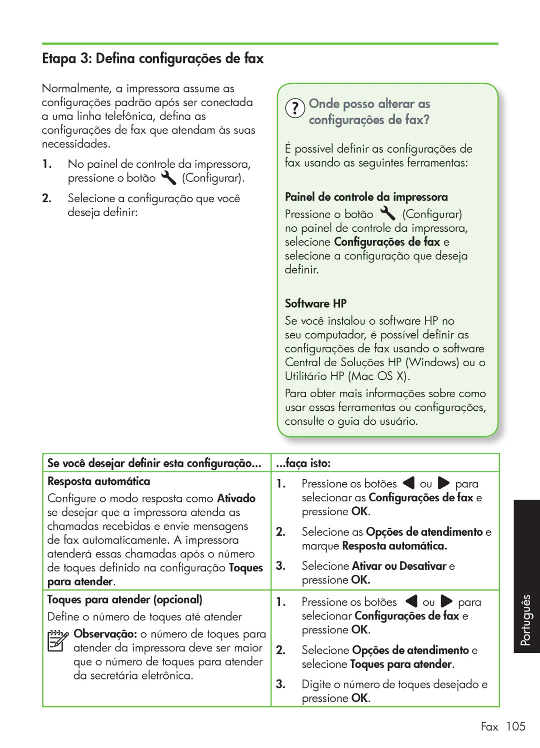 HP 4500 - G510a manual Etapa 3 Defina configurações de fax, Onde posso alterar as configurações de fax? 