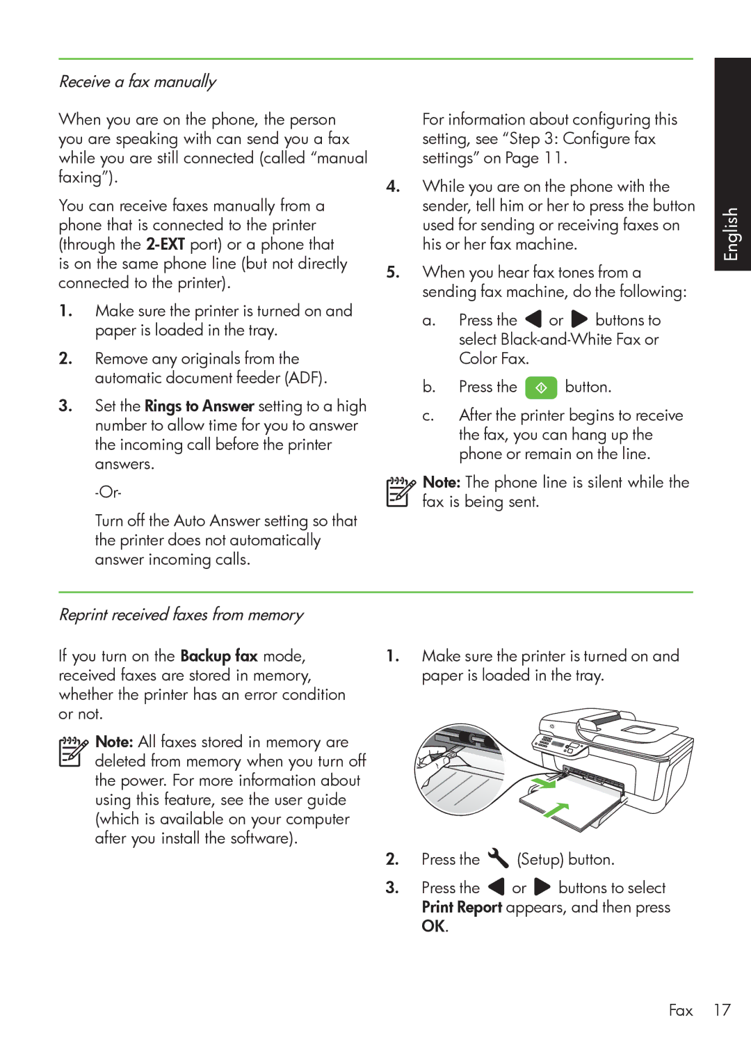 HP 4500 - G510a Receive a fax manually, Reprint received faxes from memory 