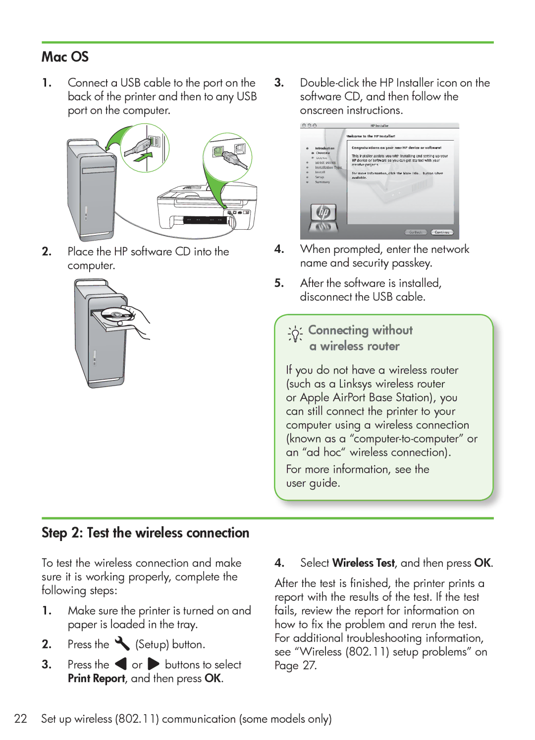 HP 4500 - G510a manual Mac OS, Test the wireless connection, Connecting without a wireless router 