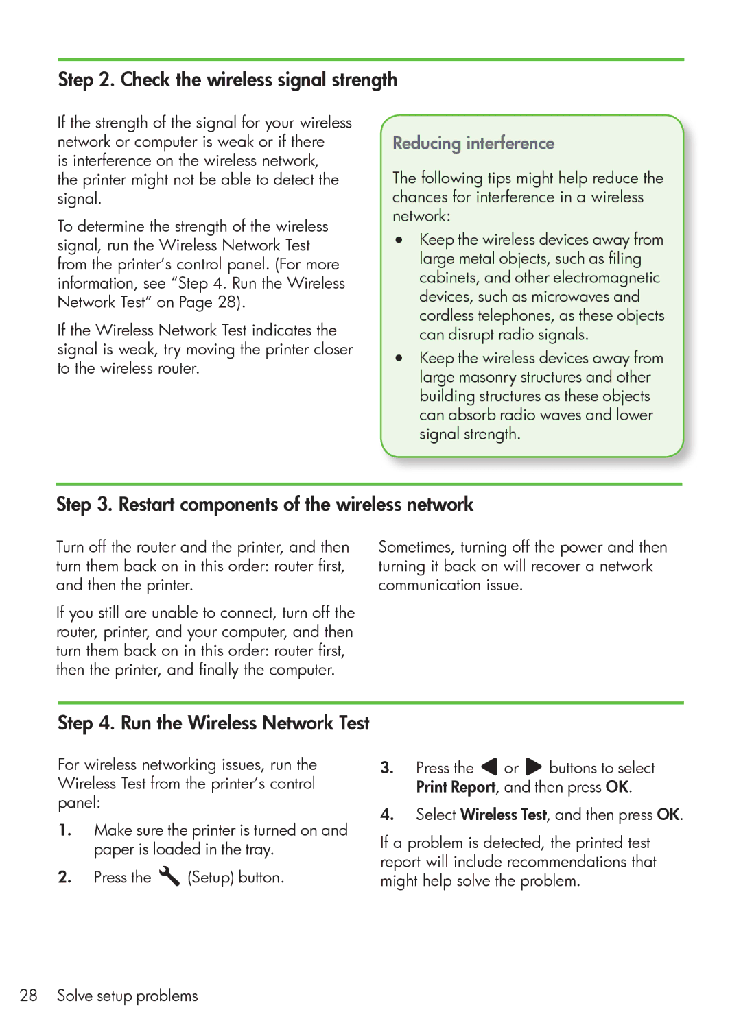 HP 4500 - G510a Check the wireless signal strength, Restart components of the wireless network, Reducing interference 