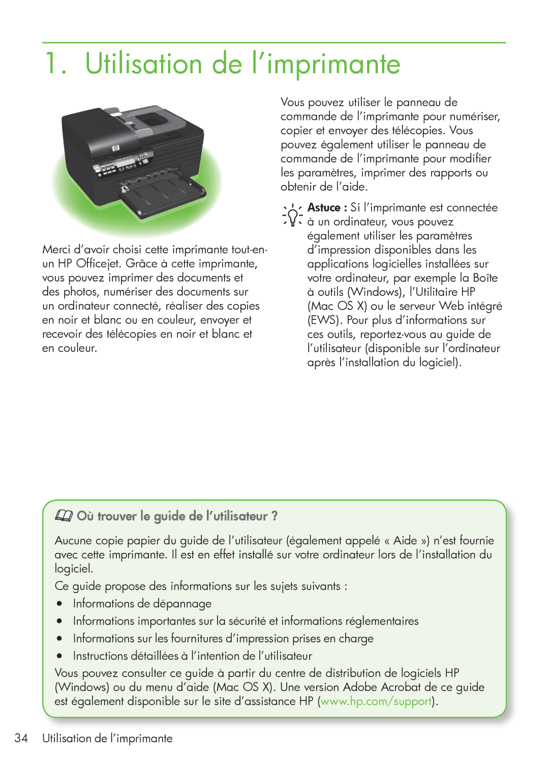 HP 4500 - G510a manual Utilisation de l’imprimante, Où trouver le guide de l’utilisateur ? 