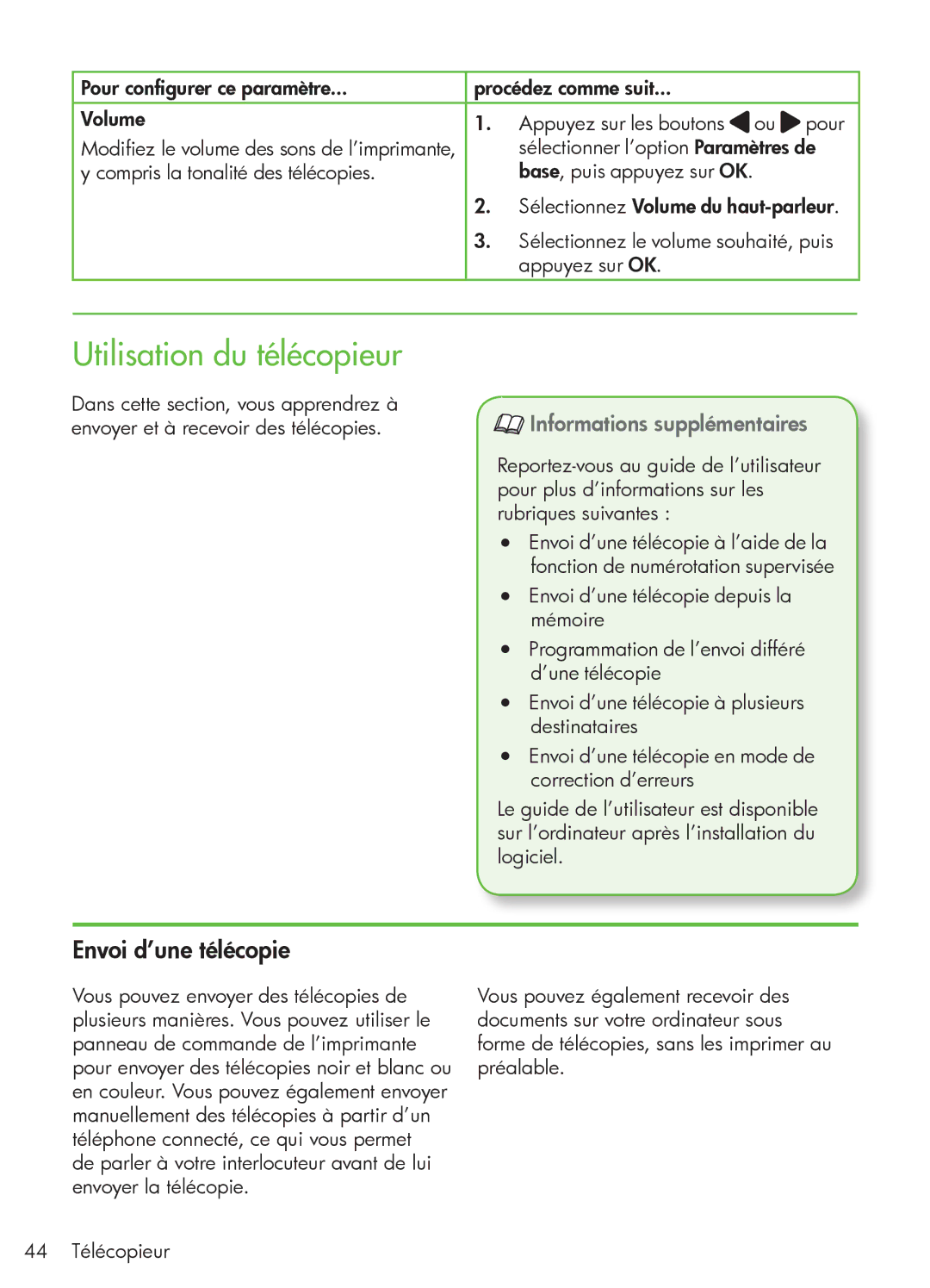 HP 4500 - G510a manual Utilisation du télécopieur, Envoi d’une télécopie, Informations supplémentaires 