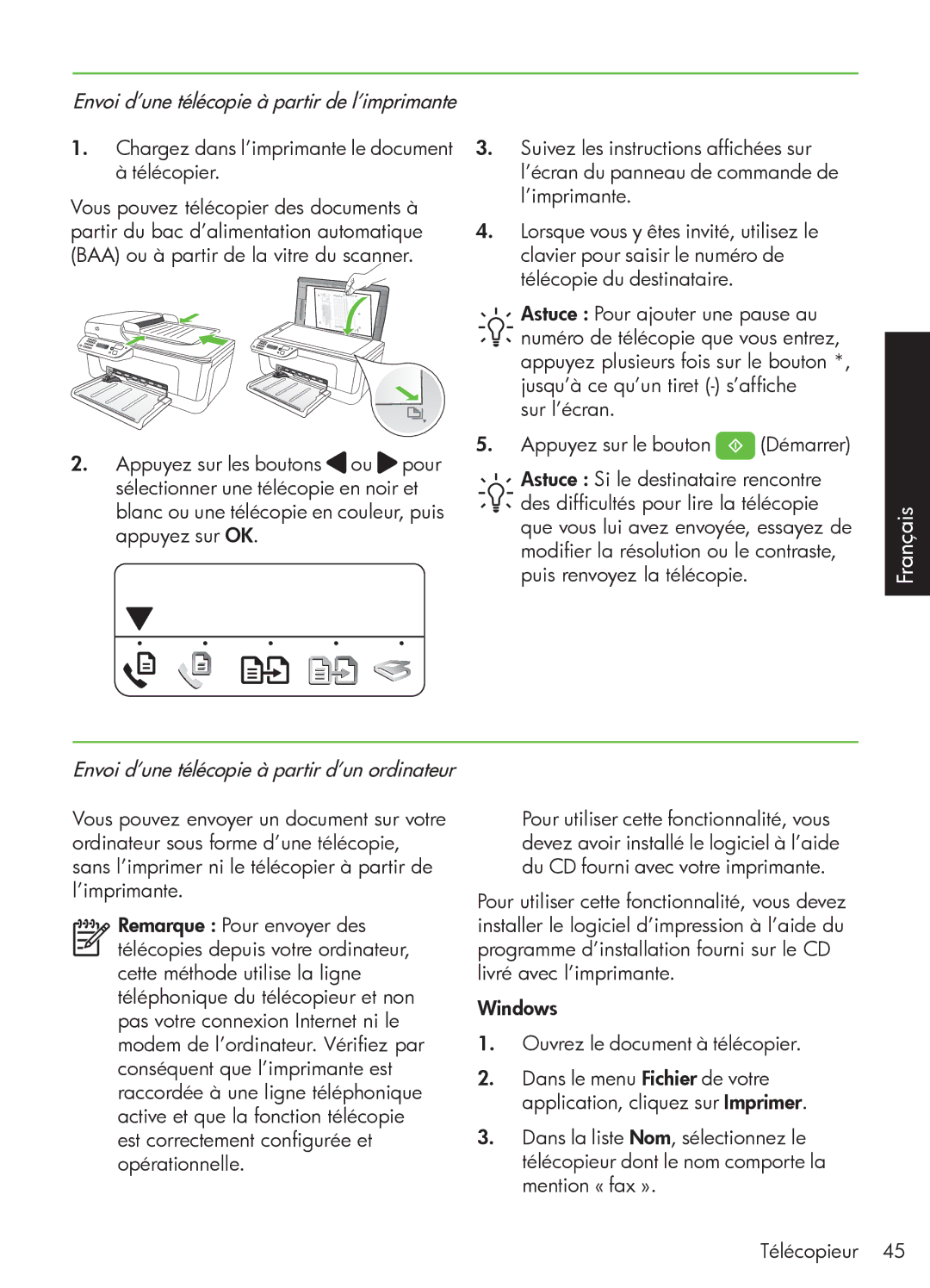 HP 4500 - G510a manual Envoi d’une télécopie à partir de l’imprimante, Envoi d’une télécopie à partir d’un ordinateur 