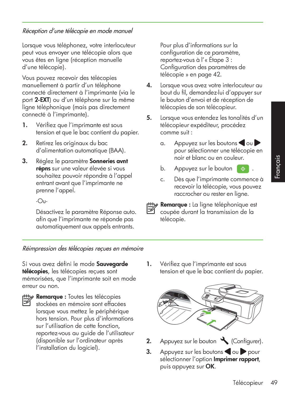 HP 4500 - G510a manual Réception d’une télécopie en mode manuel, Réimpression des télécopies reçues en mémoire 