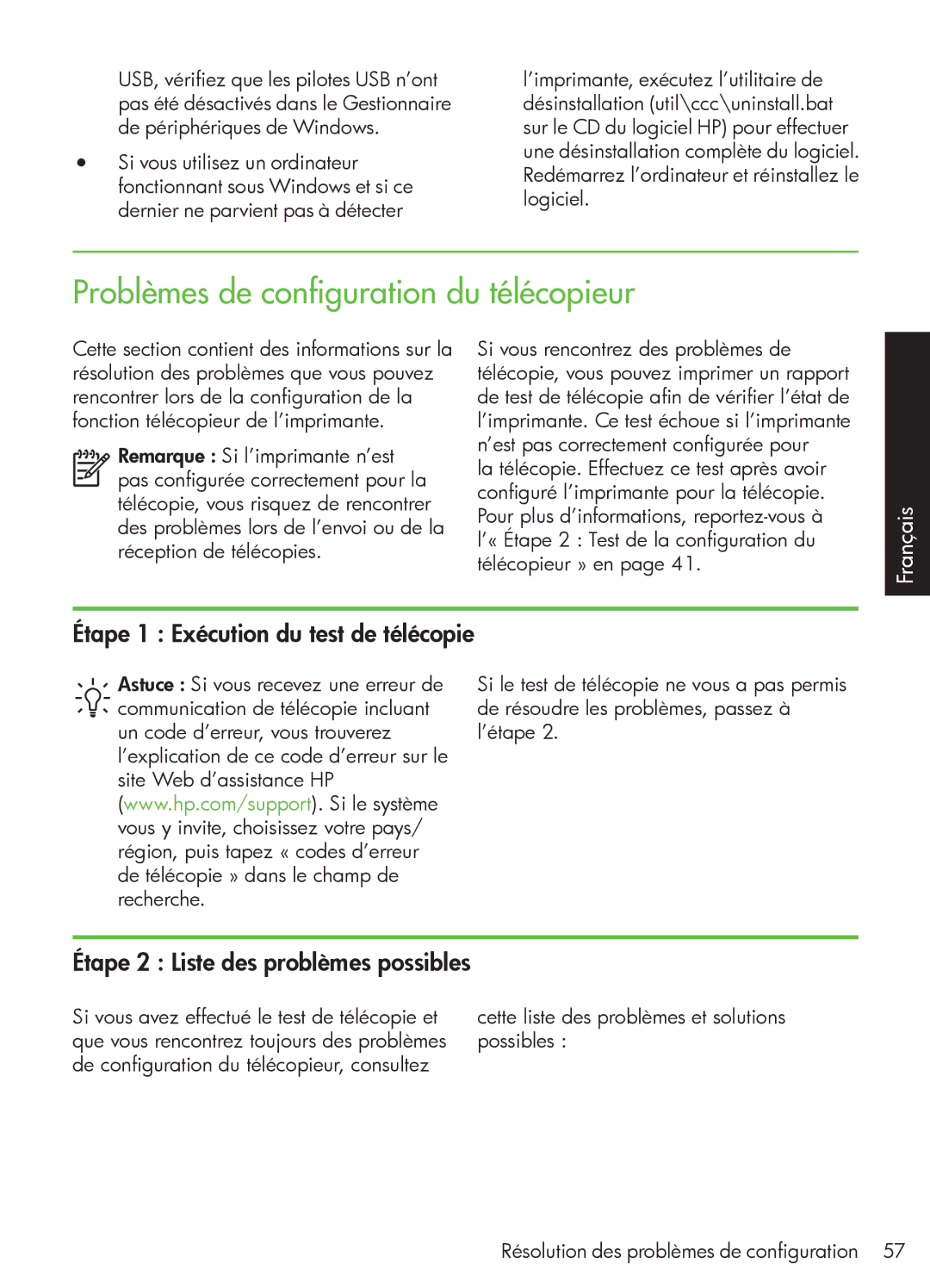 HP 4500 - G510a manual Problèmes de configuration du télécopieur, Étape 1 Exécution du test de télécopie 