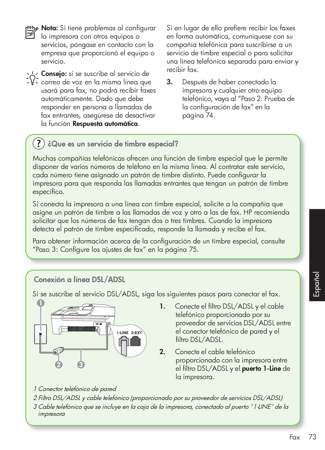 HP 4500 - G510a manual ¿Que es un servicio de timbre especial?, Conexión a línea DSL/ADSL 