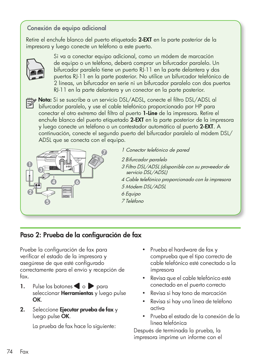 HP 4500 - G510a manual Paso 2 Prueba de la configuración de fax, Conexión de equipo adicional 