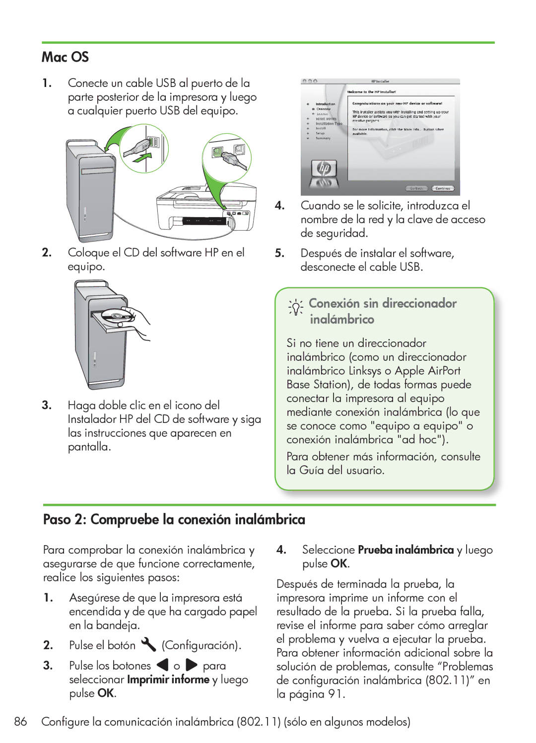 HP 4500 - G510a manual Paso 2 Compruebe la conexión inalámbrica, Conexión sin direccionador inalámbrico 