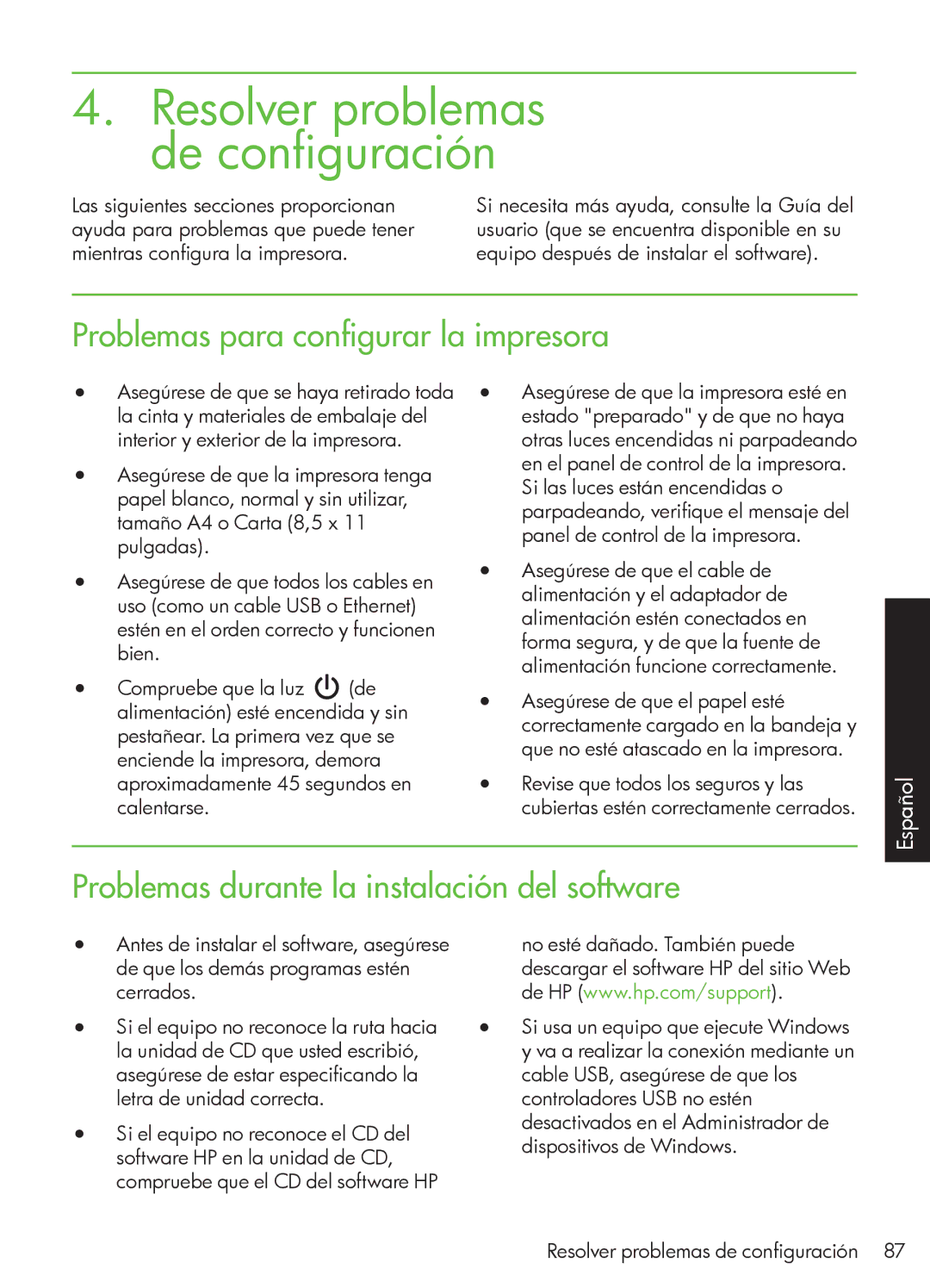 HP 4500 - G510a manual Problemas para configurar la impresora, Problemas durante la instalación del software 