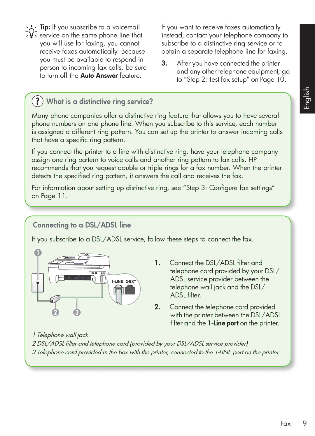 HP 4500 - G510a manual What is a distinctive ring service?, Connecting to a DSL/ADSL line 