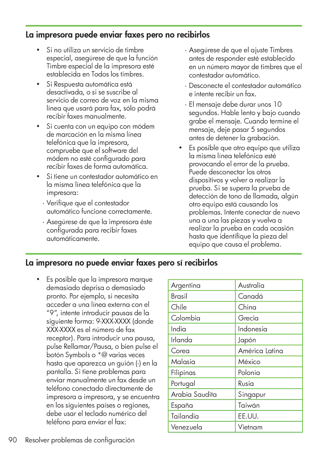 HP 4500 - G510a La impresora puede enviar faxes pero no recibirlos, La impresora no puede enviar faxes pero sí recibirlos 