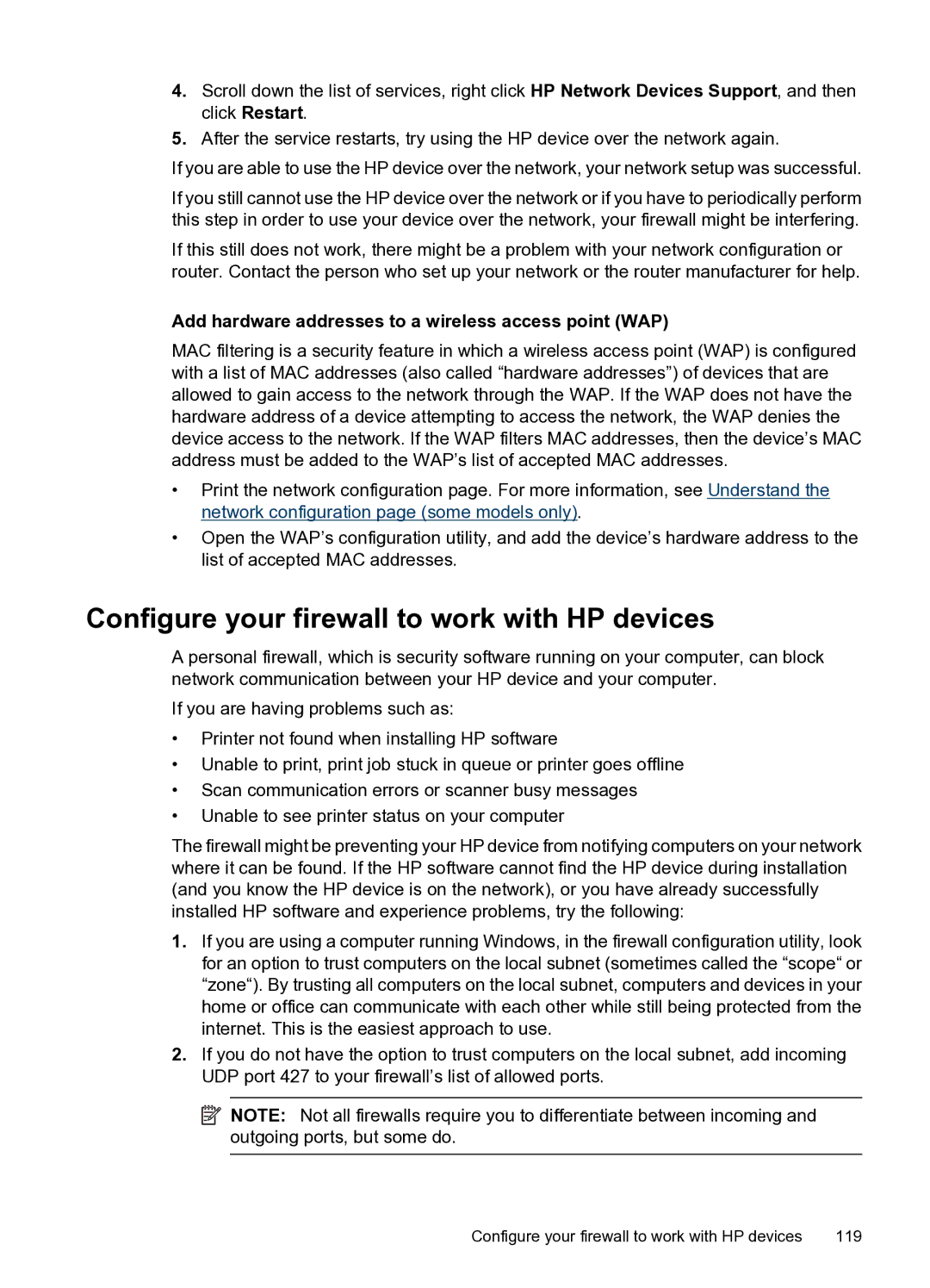 HP 4500 - G510n Configure your firewall to work with HP devices, Add hardware addresses to a wireless access point WAP 