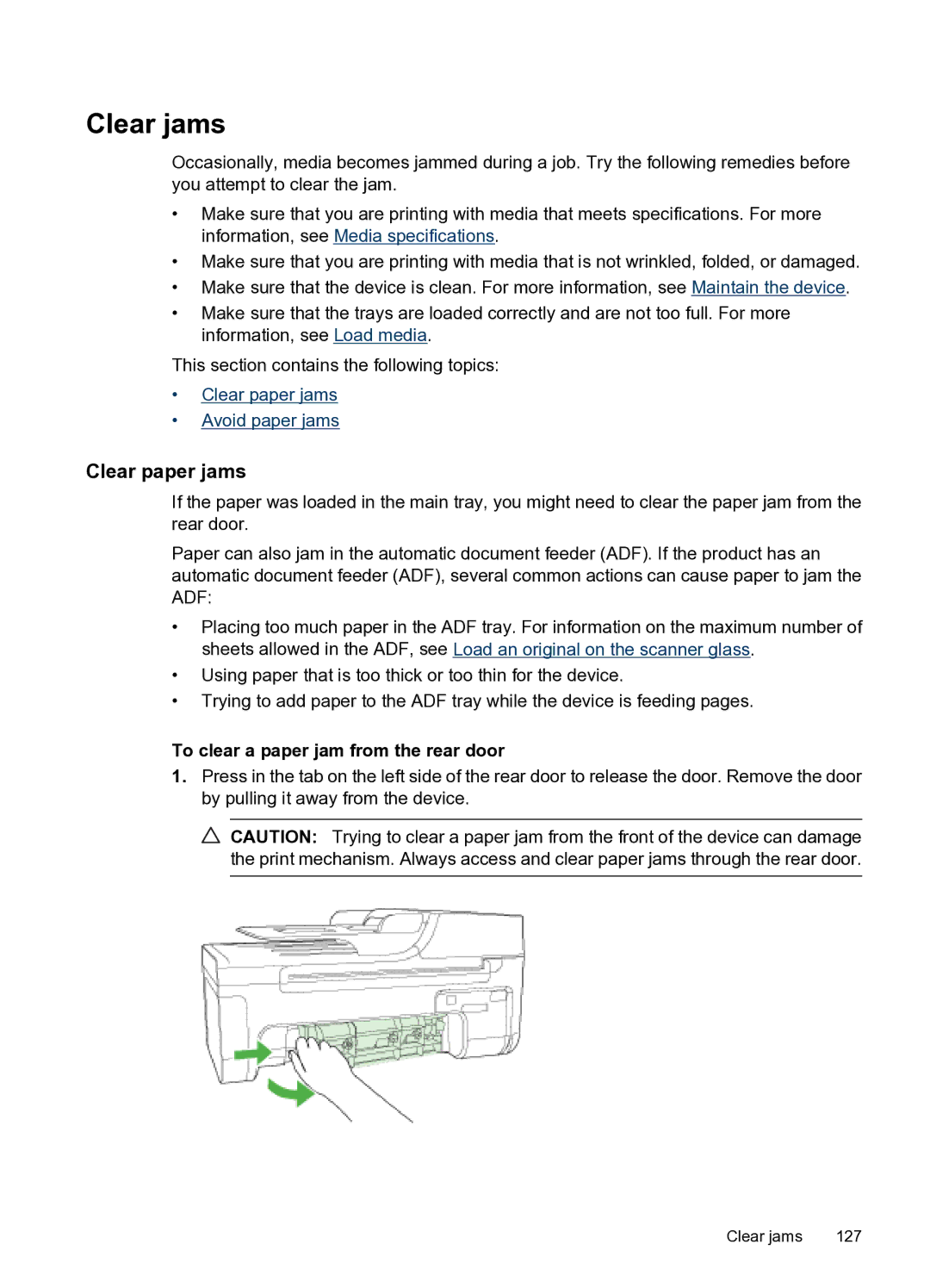 HP 4500 - G510n, 4500 - G510g manual Clear jams, Clear paper jams, To clear a paper jam from the rear door 