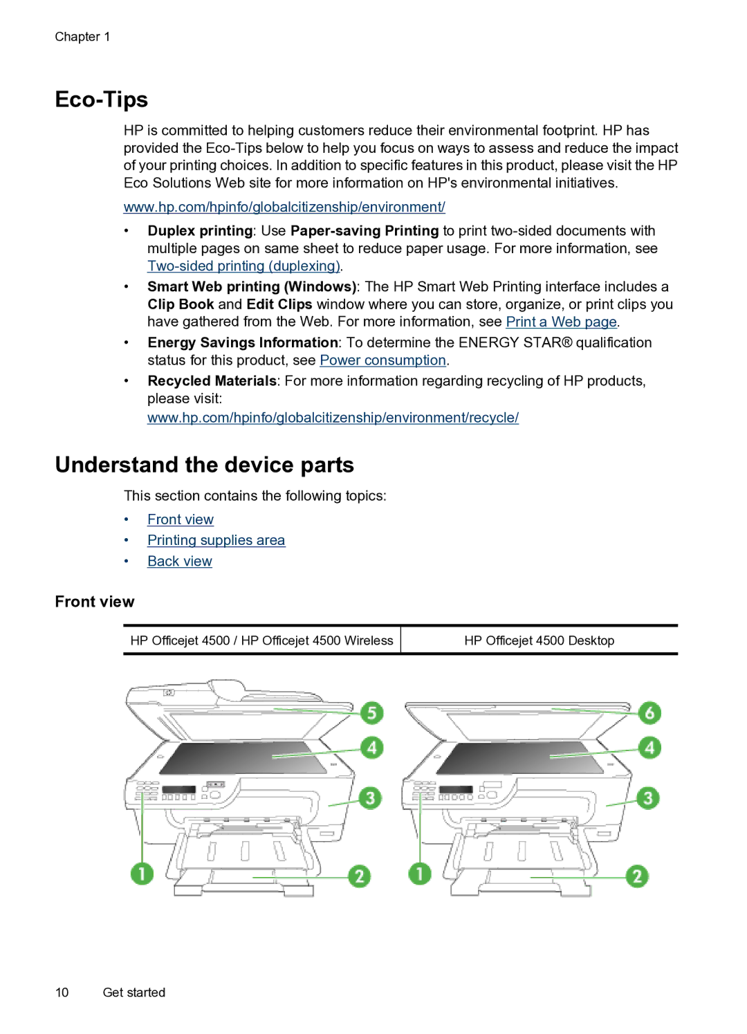 HP 4500 - G510g, 4500 - G510n manual Eco-Tips, Understand the device parts, Front view 