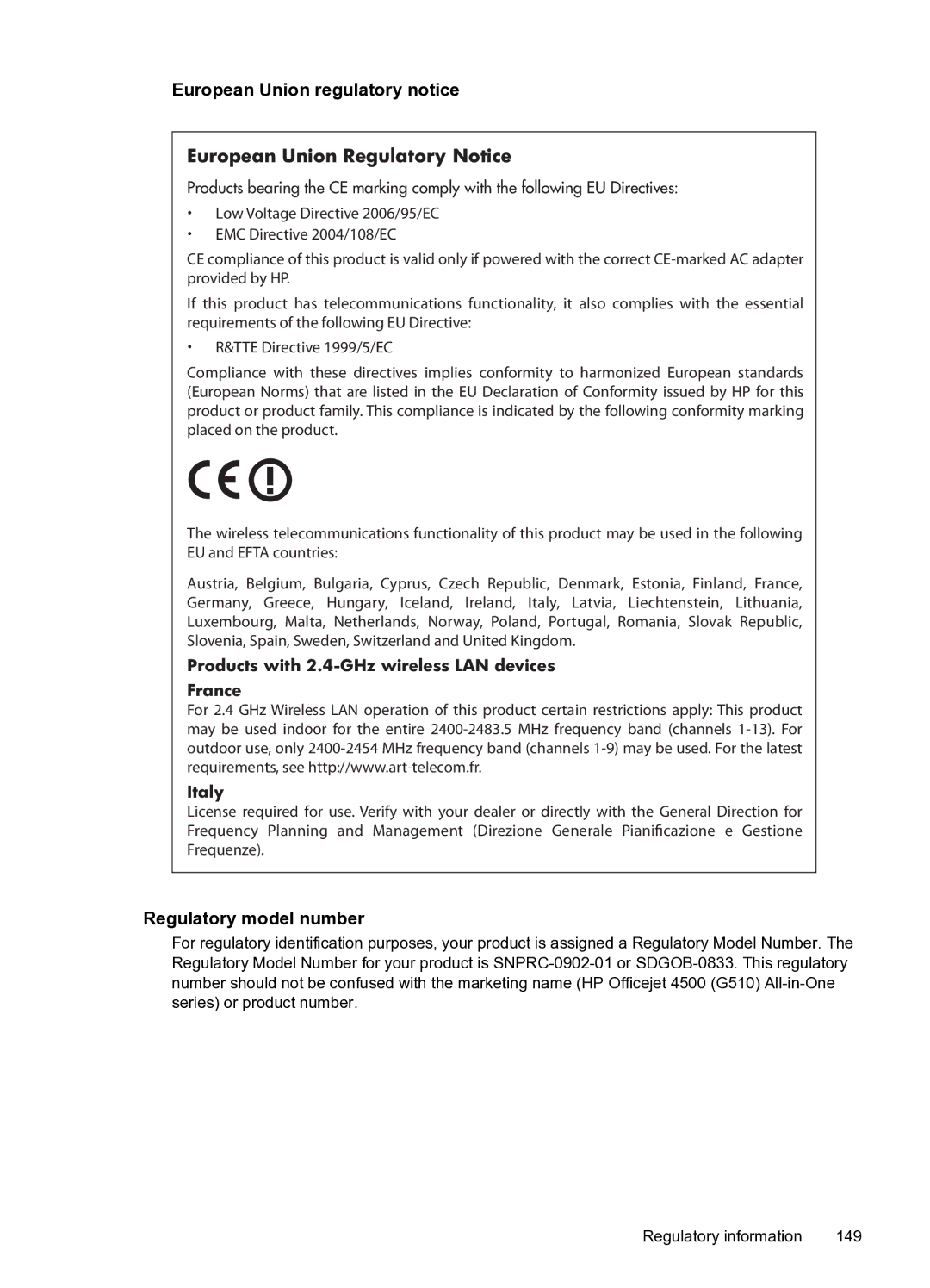 HP 4500 - G510n, 4500 - G510g manual European Union regulatory notice, Regulatory model number 