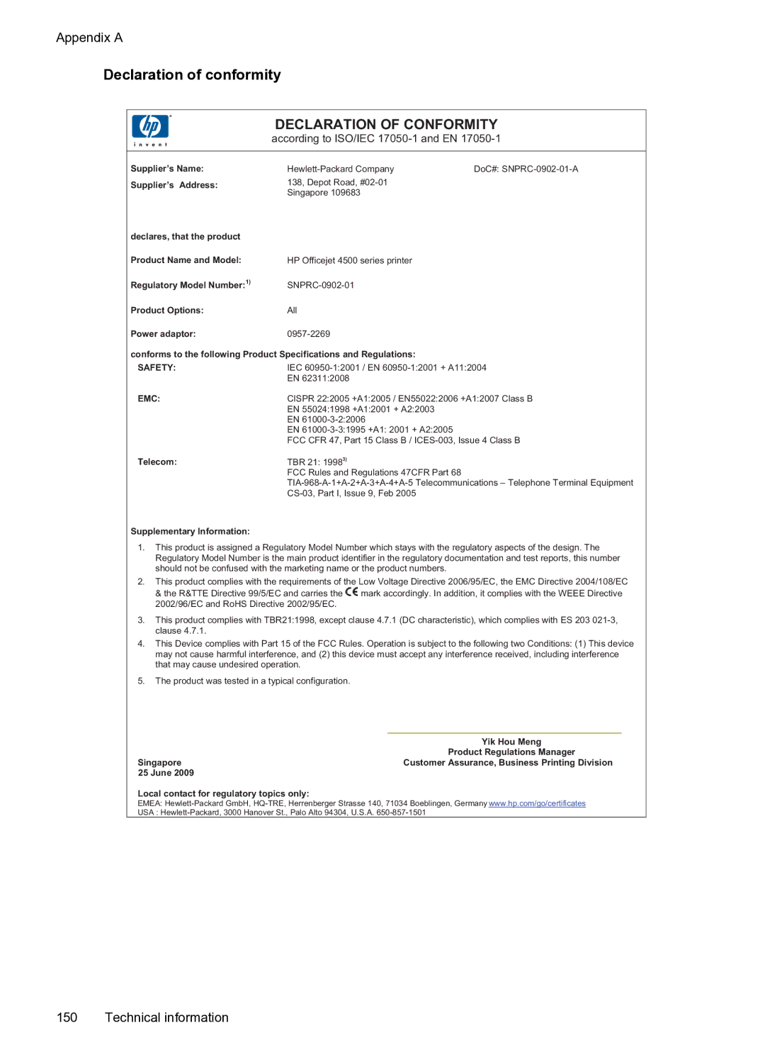 HP 4500 - G510g, 4500 - G510n manual Declaration of conformity, Declaration of Conformity 