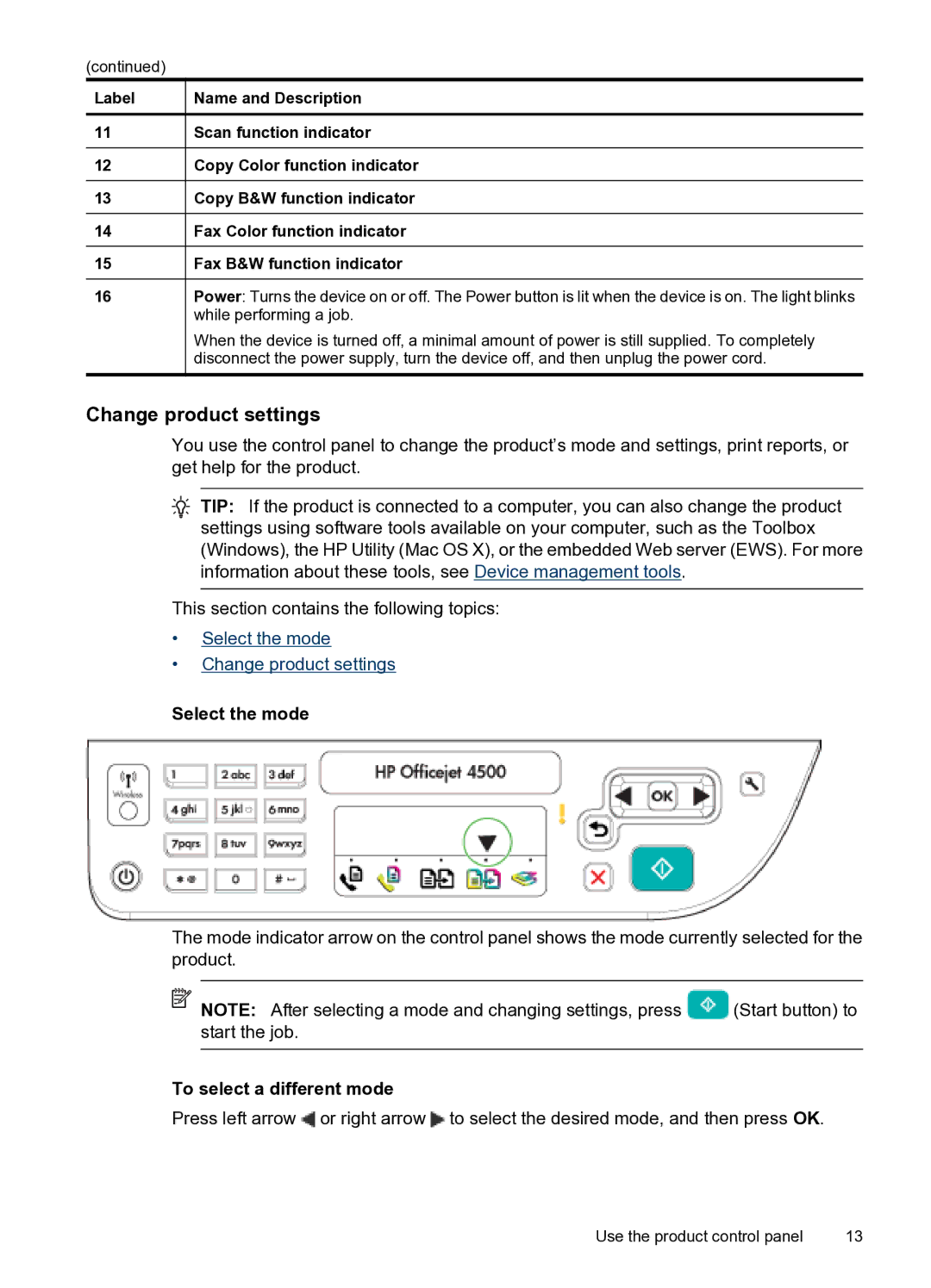 HP 4500 - G510n, 4500 - G510g manual Change product settings, Select the mode, To select a different mode 