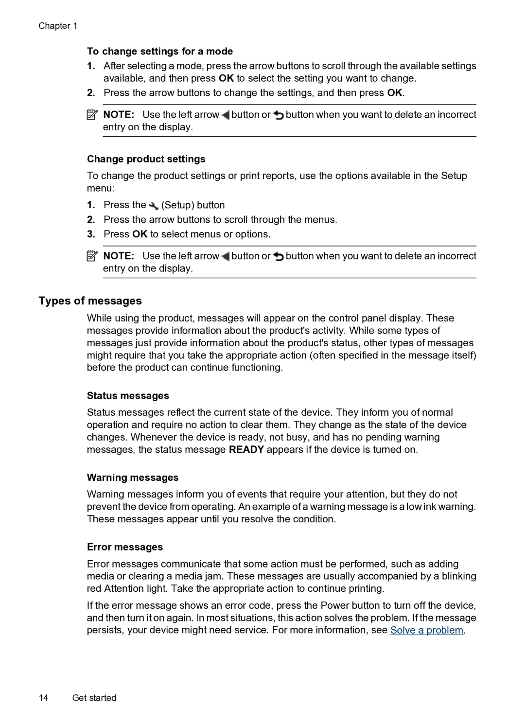 HP 4500 - G510g Types of messages, To change settings for a mode, Change product settings, Status messages, Error messages 