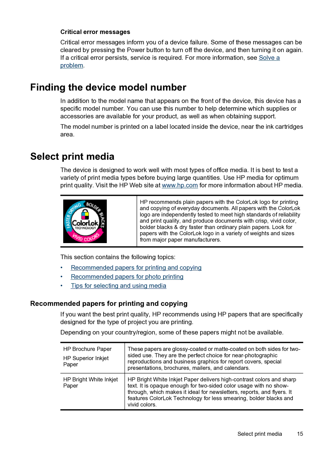 HP 4500 - G510n manual Finding the device model number, Select print media, Recommended papers for printing and copying 