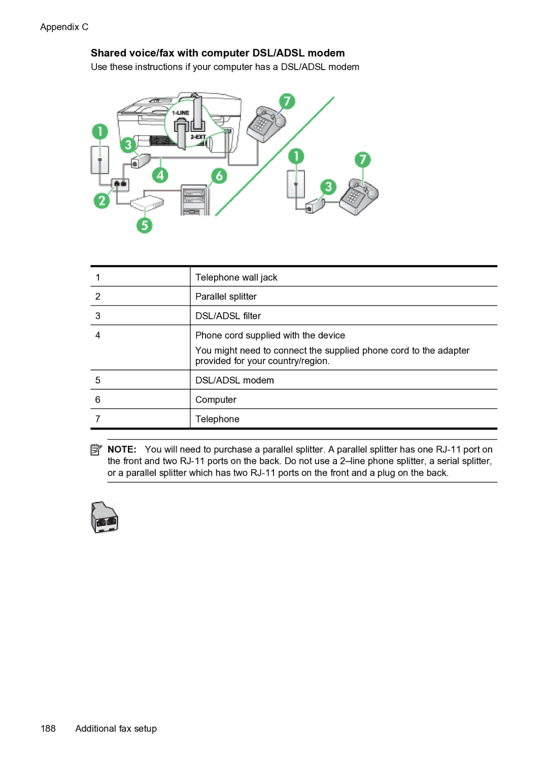 HP 4500 - G510g, 4500 - G510n manual Shared voice/fax with computer DSL/ADSL modem 