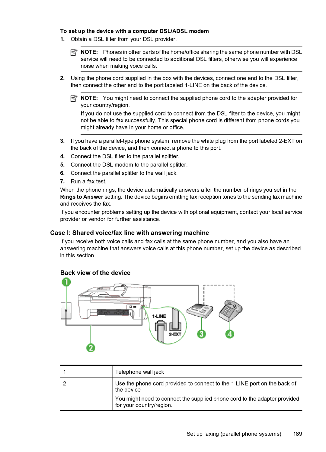 HP 4500 - G510n Case I Shared voice/fax line with answering machine, To set up the device with a computer DSL/ADSL modem 