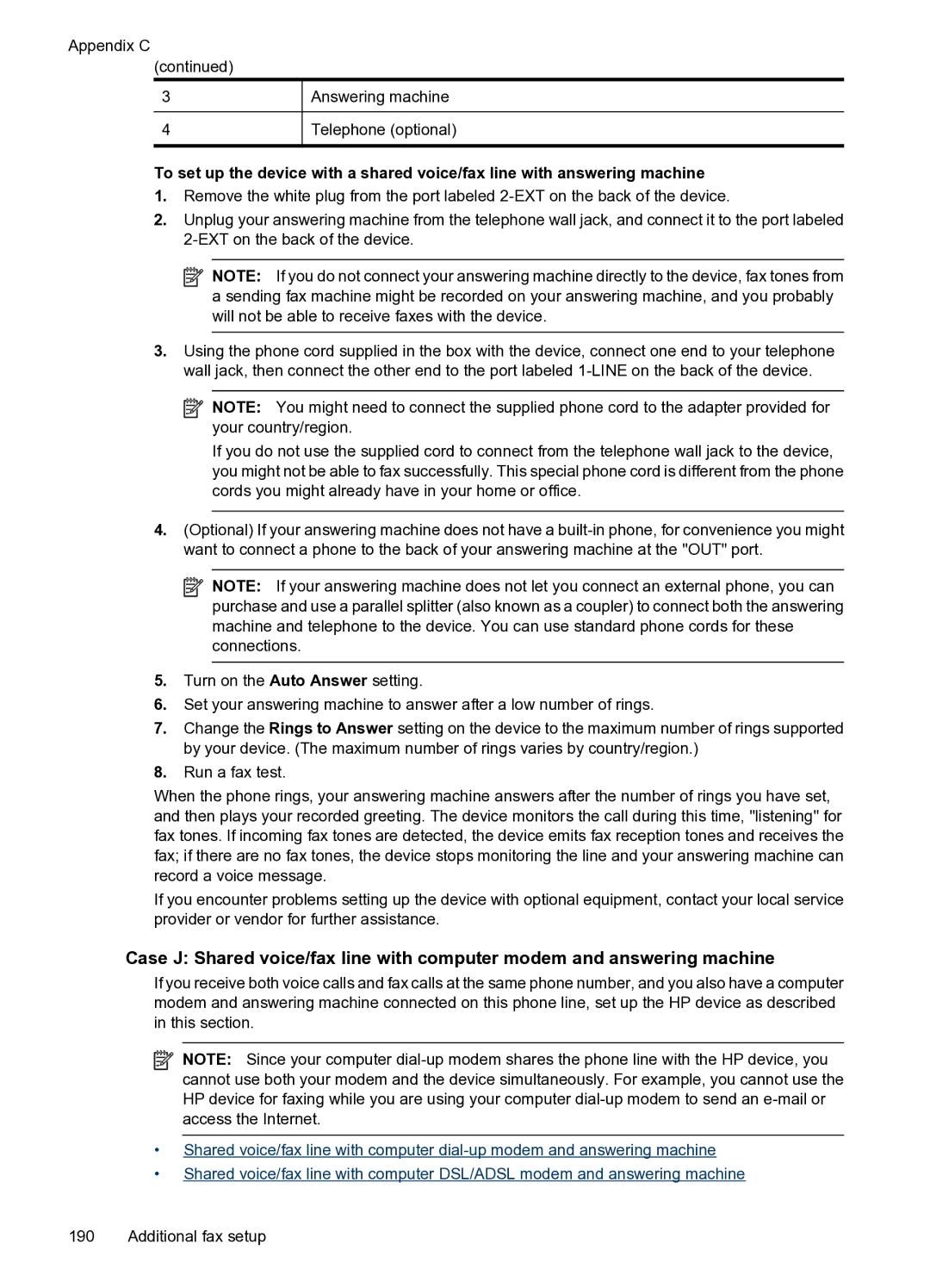 HP 4500 - G510g, 4500 - G510n manual Appendix C Answering machine Telephone optional 
