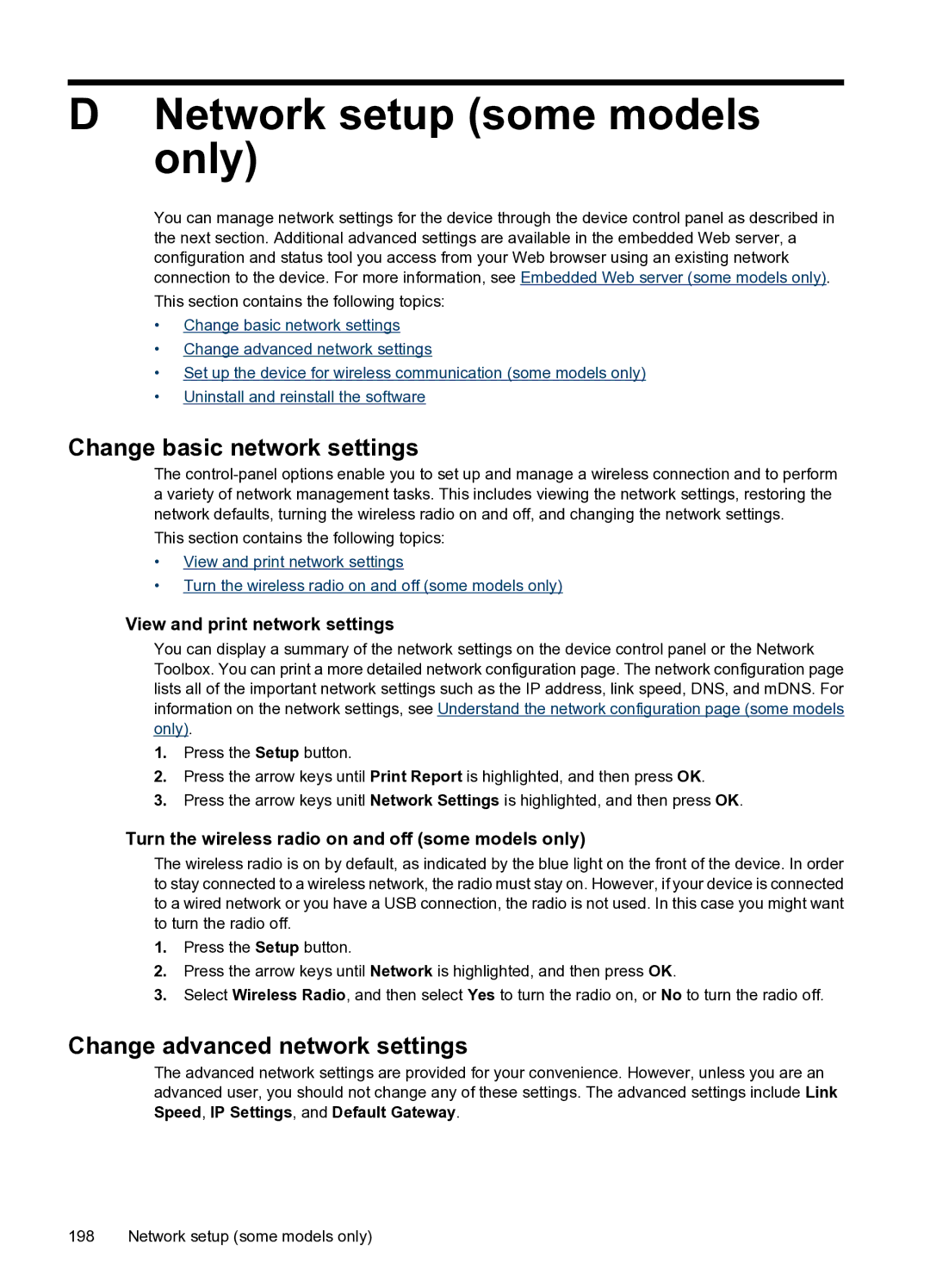 HP 4500 - G510g manual Network setup some models only, Change basic network settings, Change advanced network settings 